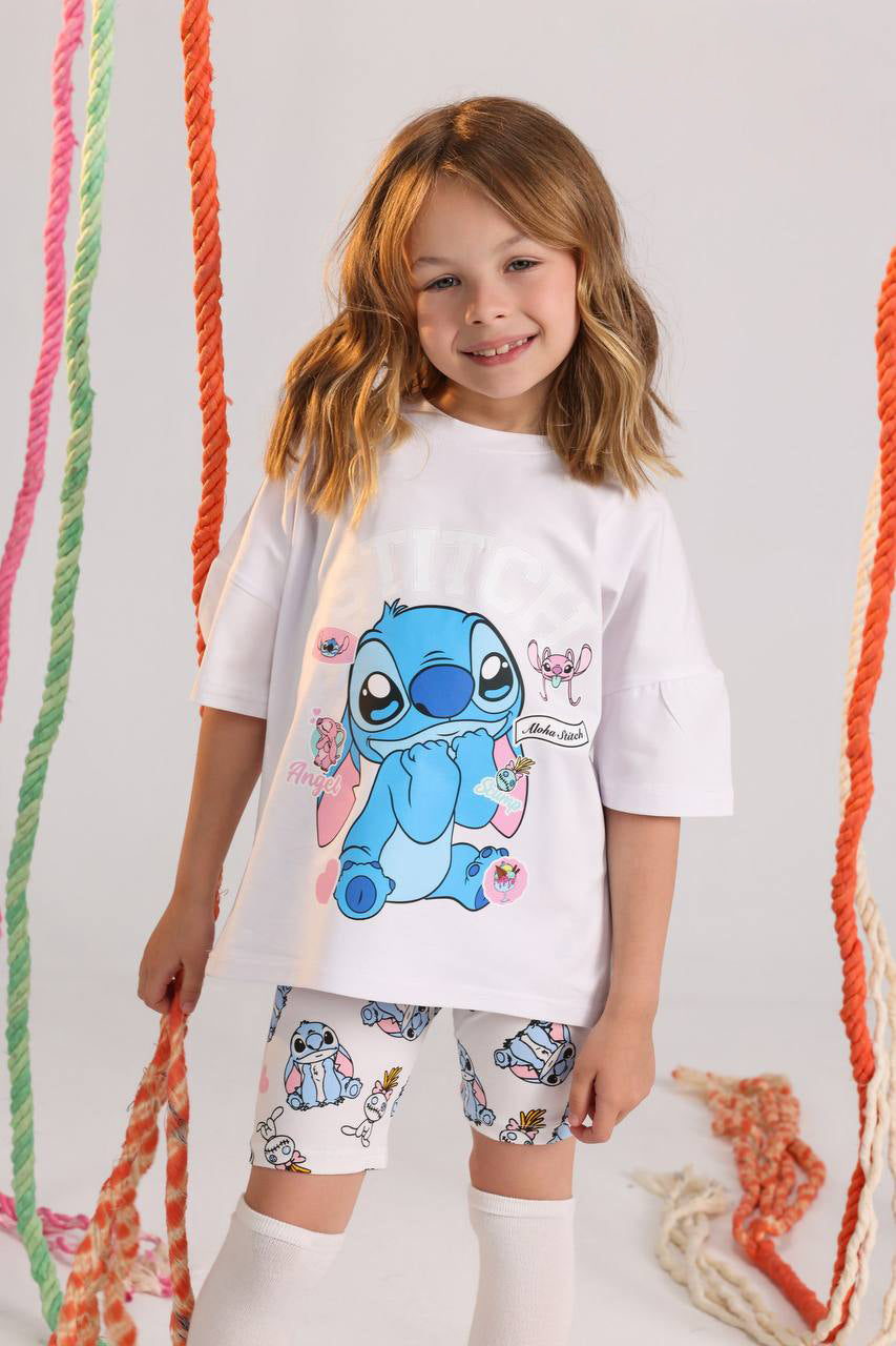 Girls Stitch oversized summer set white graphic tee and printed biker shorts - Kikidoo Kids Egypt