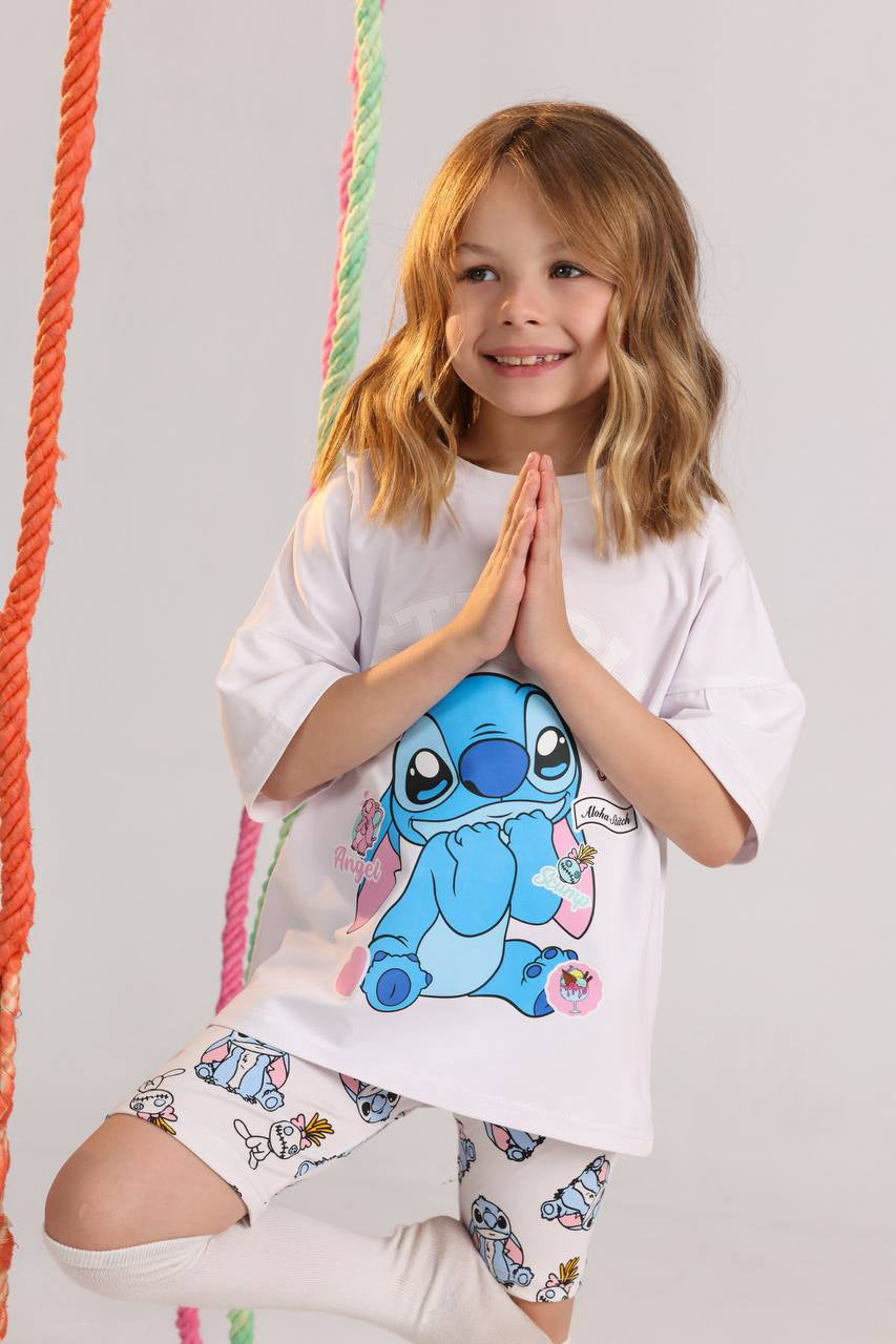 Girls Stitch Oversized Summer Set – White Graphic Tee & Printed Biker Shorts