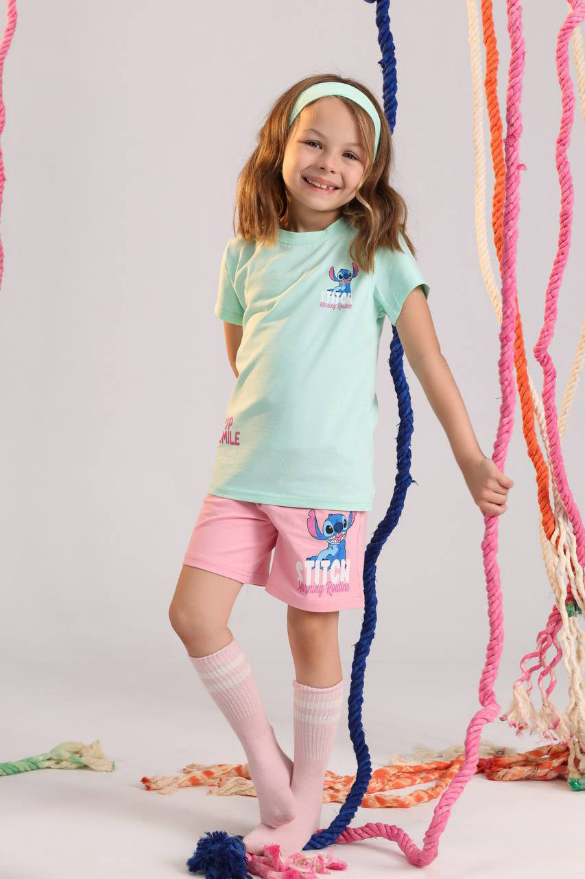 Girls Stitch summer set mint green tee and pink shorts - Kikidoo Kids Egypt