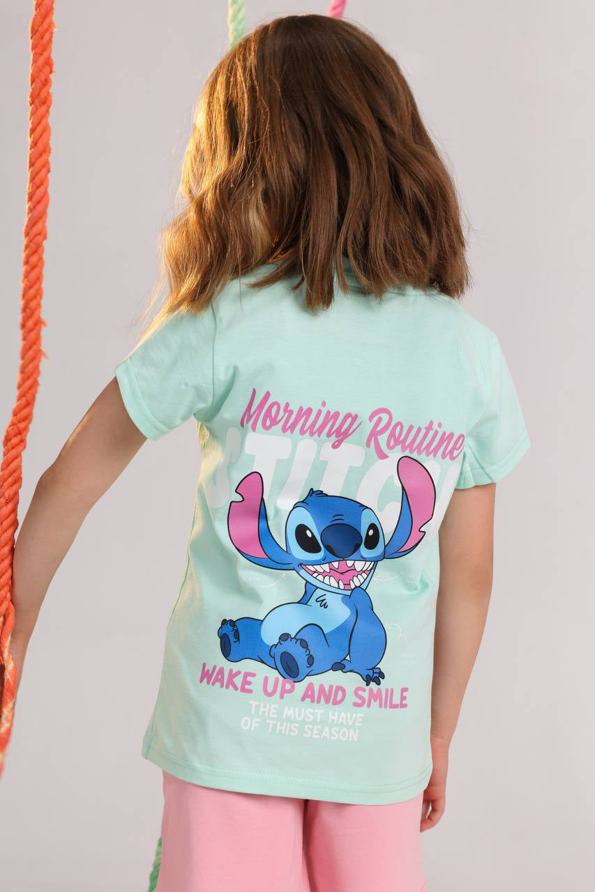 Girls Stitch summer set mint green tee and pink shorts - Kikidoo Kids Egypt