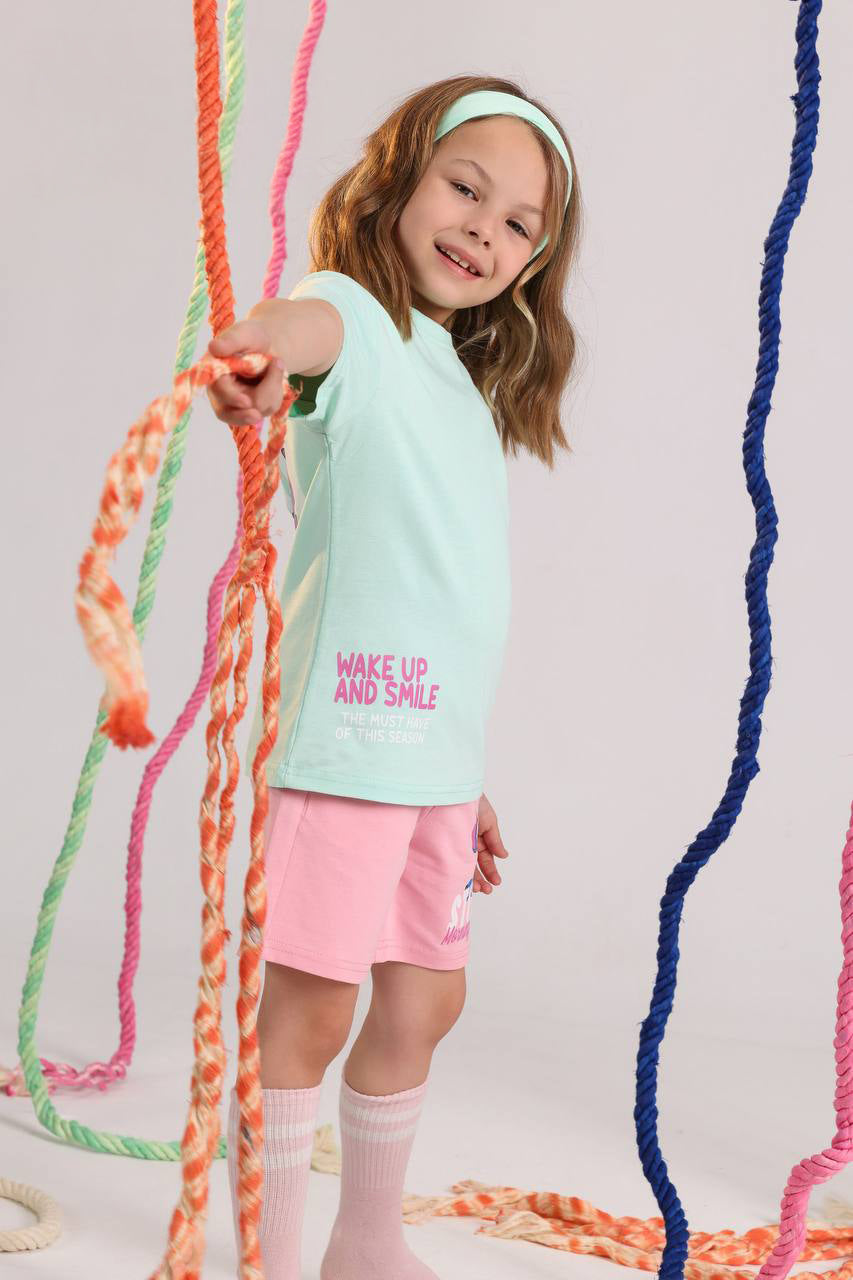 Girls Stitch Summer Set – Mint Green Tee & Pink Shorts