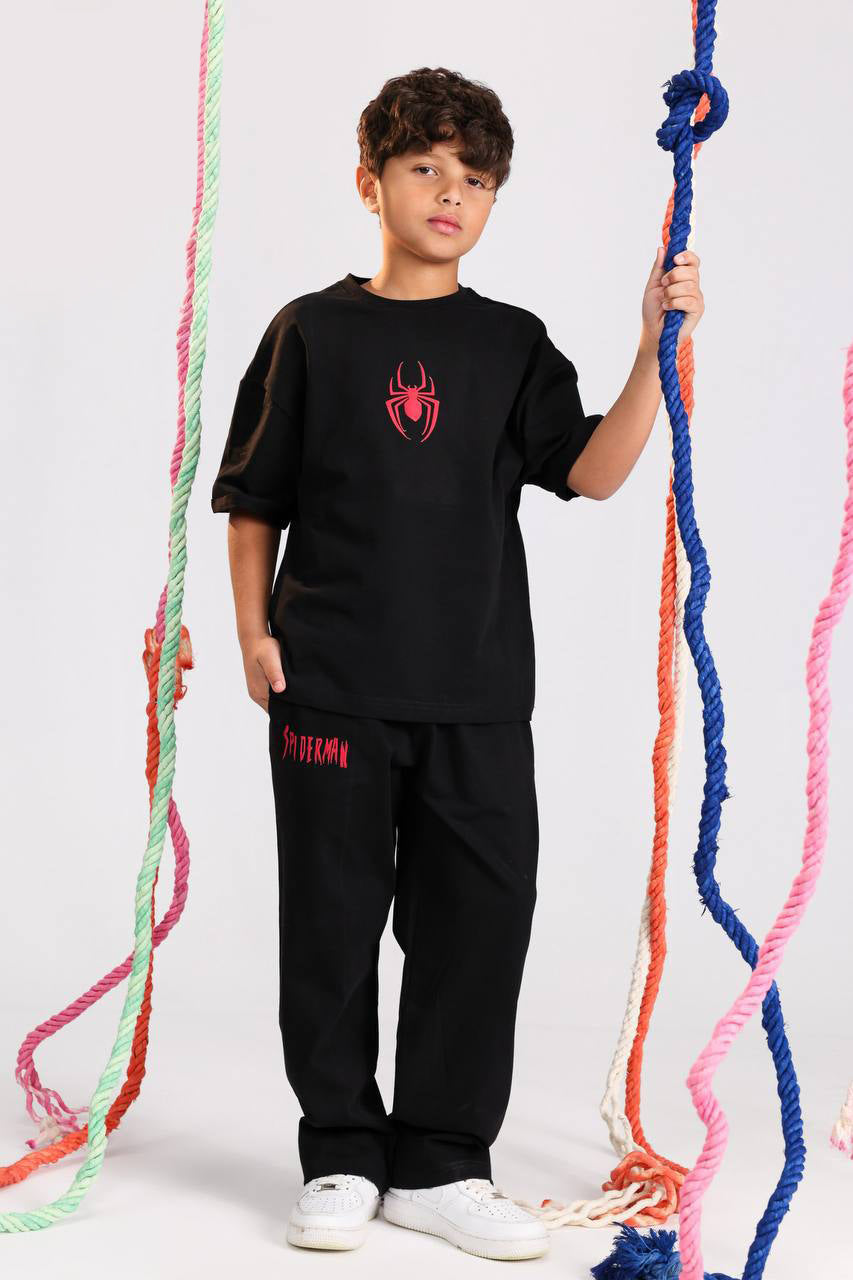 Boys Oversized Spider Graphic Set – black T-Shirt & Wide Leg Pants