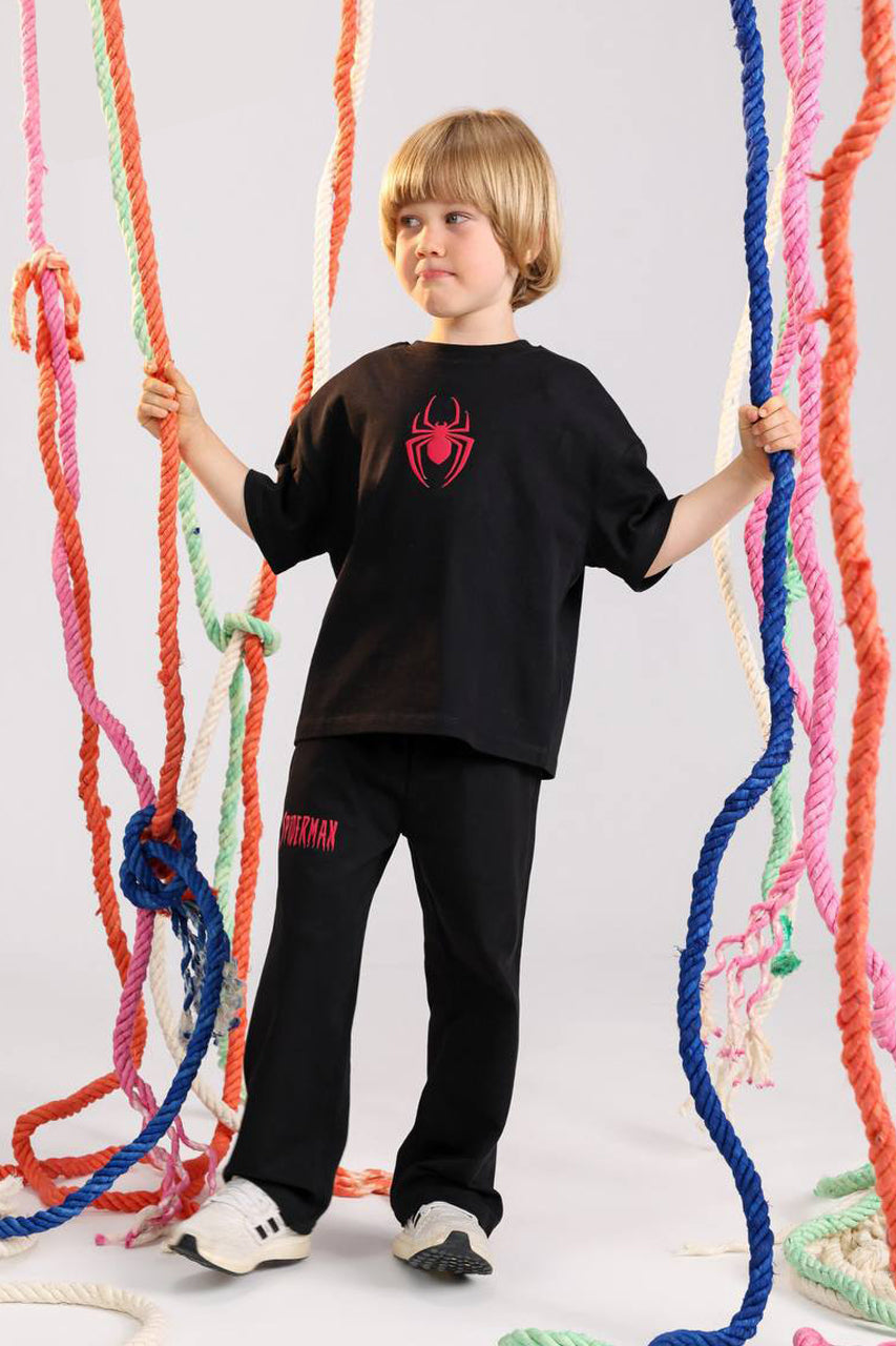 Boys Oversized Spider Graphic Set – black T-Shirt & Wide Leg Pants