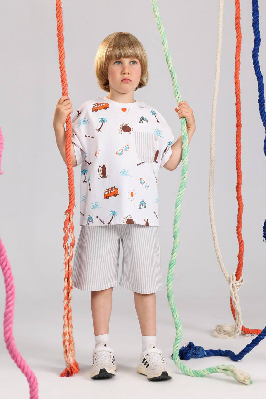 Boys beach vibes summer set printed tee and striped shorts - Kikidoo Kids Egypt