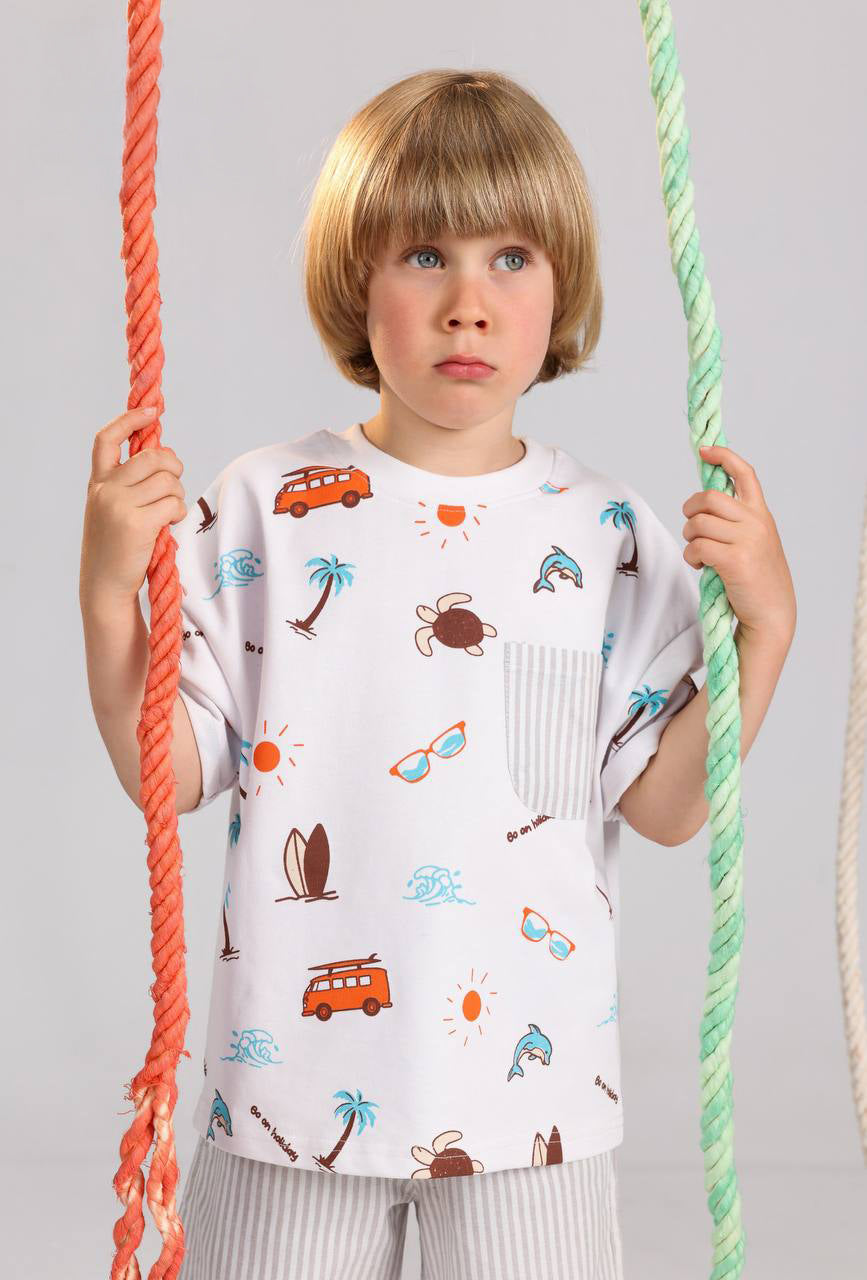 Boys beach vibes summer set printed tee and striped shorts - Kikidoo Kids Egypt