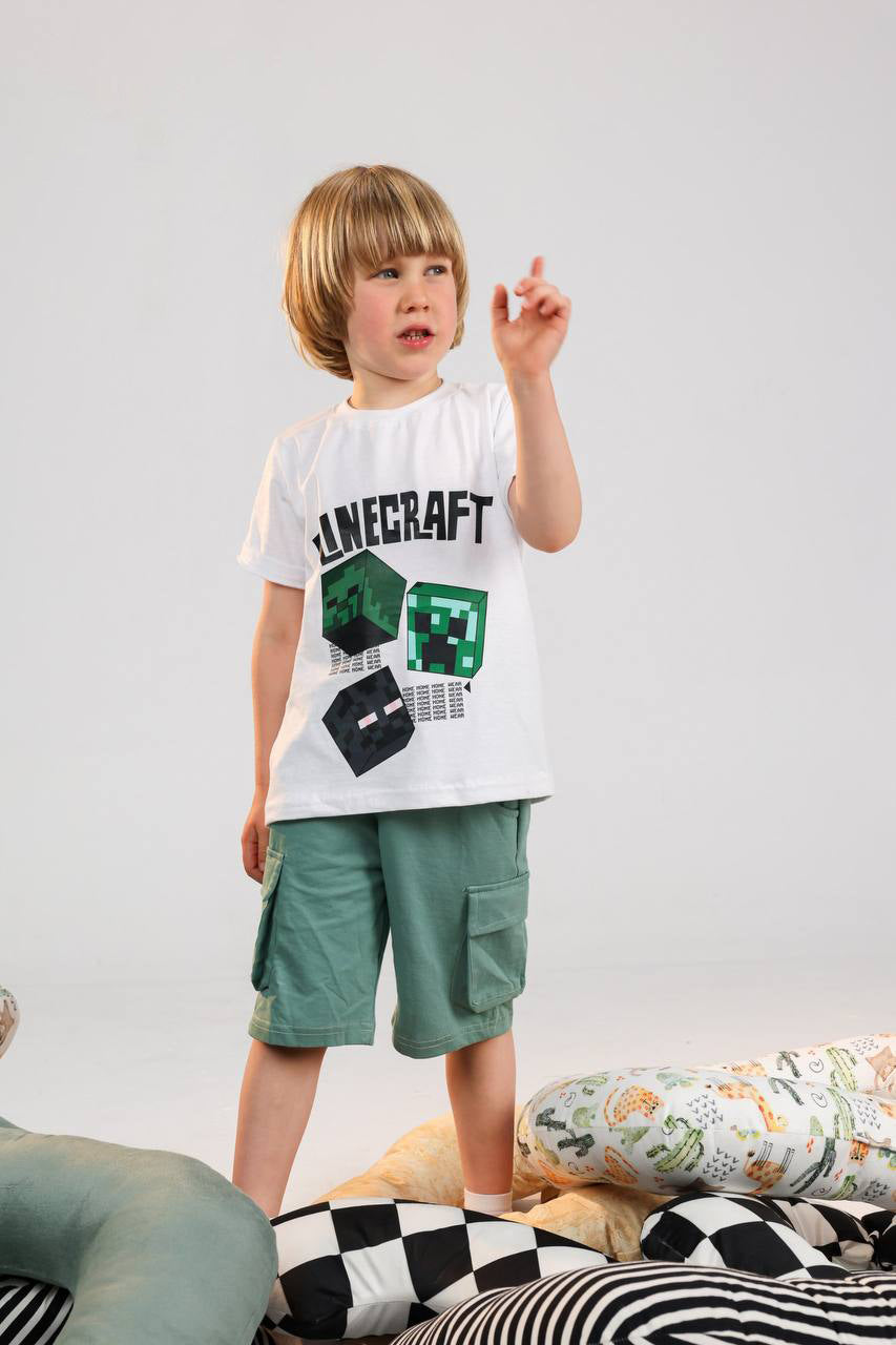 Boys Minecraft Summer Set – Graphic Tee & Green Cargo Shorts