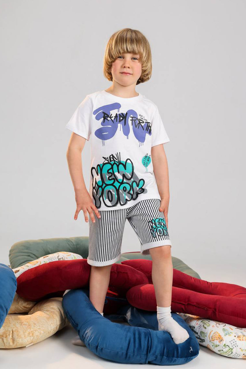Boys New York graphic summer set white tee and striped shorts - Kikidoo Kids Egypt