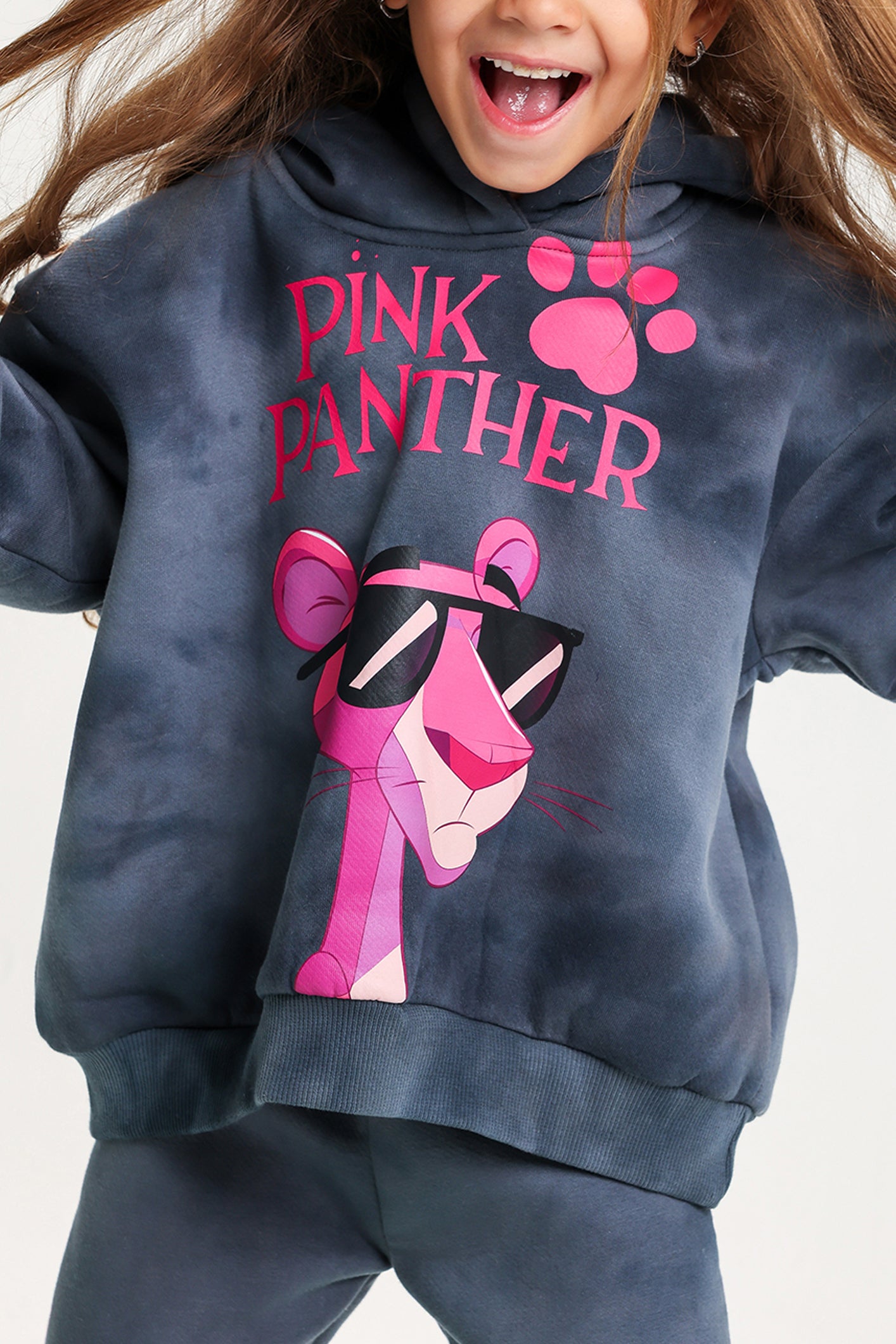 Girls’ Pink Panther Melton Cotton Winter Tracksuit – 2-Piece Hoodie & Pants Set (Dark Grey)
