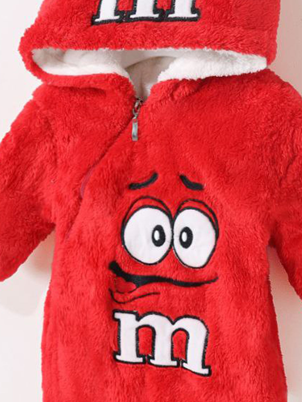 Red Fleece Hooded Suit with M&M Cartoon Design_Baby Winter Romper